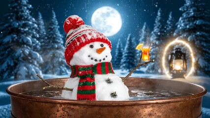 Snowman soaks in tub under moon. Snow falls around forest of pine tree. Snowman holds steaming mug next to lantern. Scarf and hat give cozy holiday christmas vibe. Warm glow adds cozy holiday charm. - Powered by Adobe