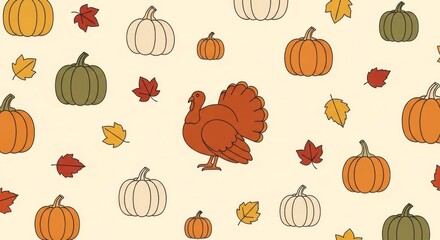 Thanksgiving seamless pattern with pumpkins, leaves and turkey