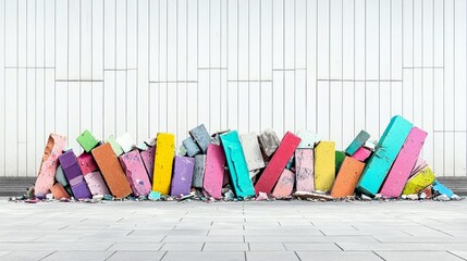 A chaotic pile of brightly colored, broken concrete blocks leans against a modern white tiled wall.