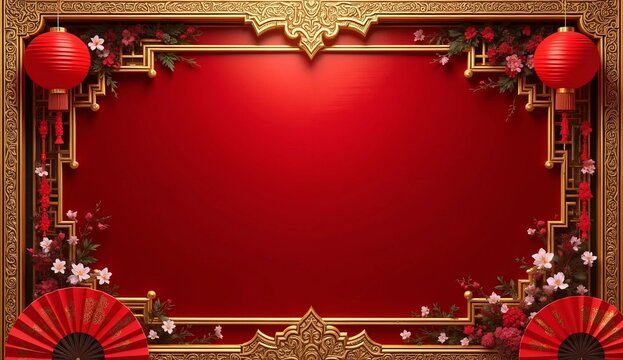 A beautiful oriental style composition featuring a gold carved frame, red roses, traditional fans and lanterns on a deep red background. - Powered by Adobe