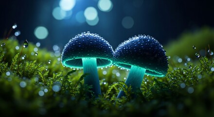 Two glowing mushrooms growing in moss with water droplets