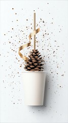 A pine cone is placed in a paper cup, adorned with a gold ribbon and straw, and surrounded by scattered gold glitter.