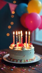 Delicious birthday cake, lit candles, colorful balloons , frosting, food, graphic