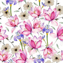 Floral Seamless Pattern. Watercolor Flower Wallpaper Design. Botanical Template in Vintage Style for Textile or Wallpaper, Wrapping Paper. Vector Illustration