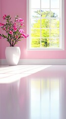 A potted pink azalea plant sits beside a window, with sunlight casting geometric shadows on a glossy pink floor.