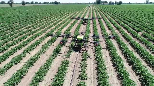 Drones spraying crops, agricultural application, over rows of plants in a field, for crop protection