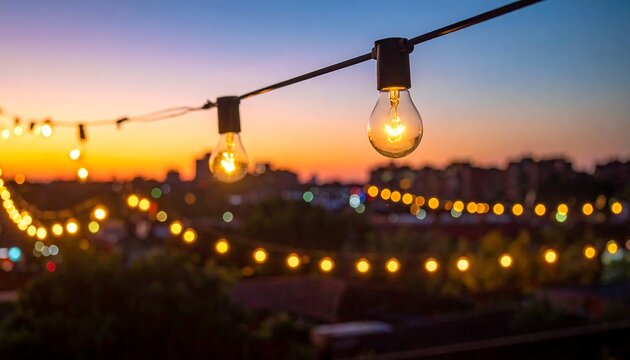 Overhead string lights glow brightly against a warm sunset. Buildings silhouette in the blurry background, creating a cozy and inviting scene