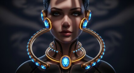 Woman with futuristic jewelry, blue gems and gold