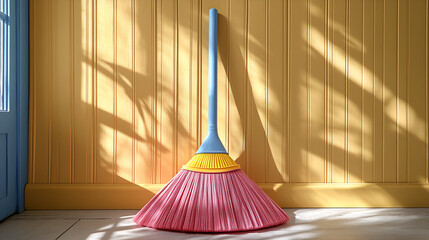 Rose broom casts shadows on yellow wall