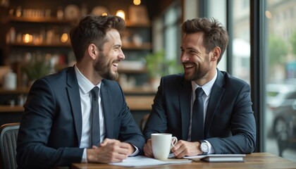 Two businessmen laugh while talking at cafe table. They wear suits and sit near window, enjoying discussion over coffee and papers. Their positive interaction suggests good business relationship.