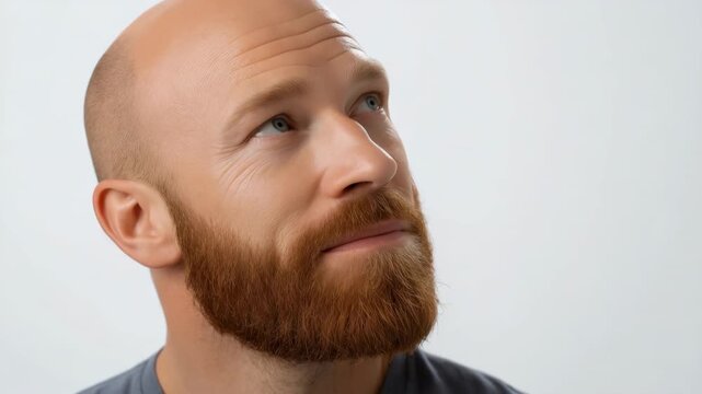 Bald caucasian male with red beard looking upward