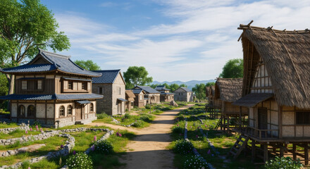 Traditional Asian Village with Distinct Architectural Styles Under a Sunny Sky.