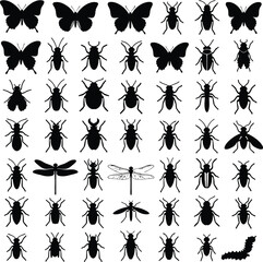 Insect Silhouette Icons Pack – Butterflies, Beetles, Dragonflies & Bugs,Black Insect Vector Set – Butterfly, Bee, Dragonfly & Bug Icons.