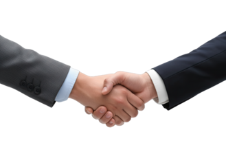 Two businessmen in dark suits shaking hands in a studio setting against a black background symbolizing agreement and partnership with visible watch on one wrist