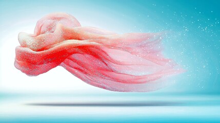 A piece of pink, shimmering fabric is captured in motion, appearing to dissolve into a cloud of tiny sparkles against a gradient blue backdrop.