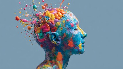 Vibrant mind explosion of creativity and imagination with vivid colors bursting from a person's head, symbolizing innovation and ideas