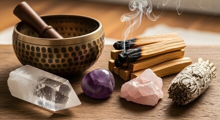 Singing Bowl Palo Santo Sage and Crystals for Meditation image