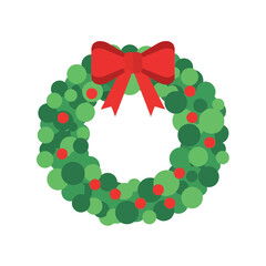 A festive Christmas wreath made of green circles and adorned with a red bow and red berries.