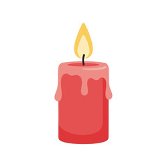 Illustration of a lit red candle with dripping wax, isolated on a white background.