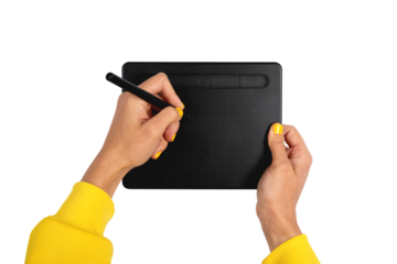 Close-up of hands with yellow sleeves and matching nail polish using a black digital drawing tablet with stylus on transparent