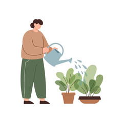 A person watering potted plants with a blue watering can, tending to greenery.