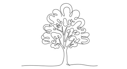 Minimalist single continuous line art of a lush tree, symbolizing nature and growth, an elegant one-line drawing illustration and vector graphic c.eps
