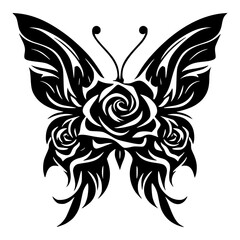 Minimalist floral butterfly tattoo design black and white vector illustration beautiful insect with rose flower art vector © Muhammad Asim