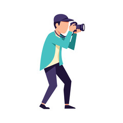 An illustration of a photographer holding a camera and taking a picture, wearing a cap and a jacket.