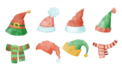 Set of festive Christmas hats and scarves. Accessory for the holiday and party. Carnival costume. Santa Claus headdress. Illustration on isolated background.