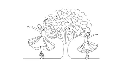 Two graceful ballerinas dancing around a large tree in a beautiful single continuous line art illustration, a minimalist vector design concept d.eps