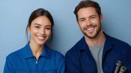 Young caucasian male and female professionals smiling in blue uniforms