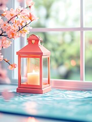 A lit candle inside a pink lantern sits on a patterned cloth next to blooming pink branches, with a window in the background.