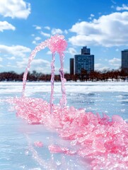 Pink ice formations and water jets create an abstract, artistic scene on a frozen lake, with a city skyline and cloudy sky in the background.