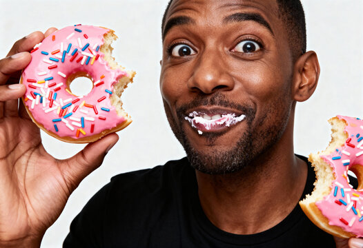 Man holding two pink frosted donuts with sprinkles and cream on his mouth - Powered by Adobe