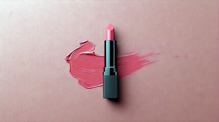A single tube of pink lipstick lies next to a creamy swatch of the same color on a soft pink surface.