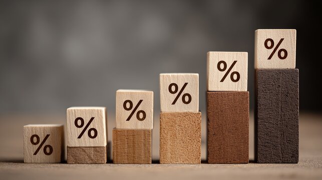 Rising interest rates concept showing growth on wooden blocks, financial success and investment returns for business and economy