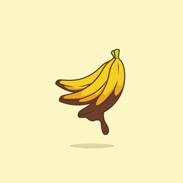 Ripe banana fruit covered with chocolate sauce dripping