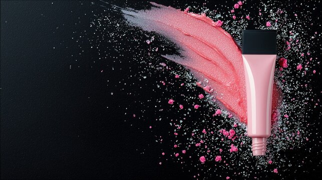 A pink makeup cream tube lies on a black surface next to a smear of pink cream and scattered pink and silver powder.