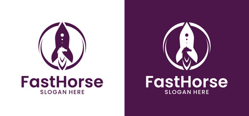 Illustration of a logo design combining a rocket with a horse. Vector icon of a rocket with a horse head symbolizing speed.