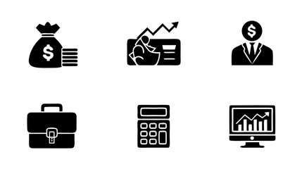 Set of finance and business icons: money, investment growth, professional, briefcase, calculator, financial chart. Banking & accounting symbols.