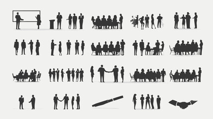 Large collection of diverse business people silhouettes for meetings, presentations, teamwork, agreements, and corporate events.