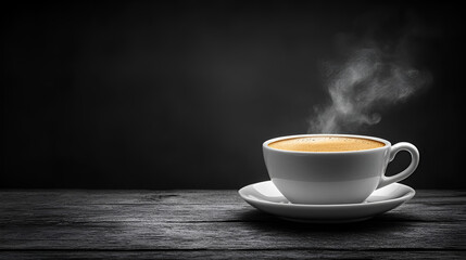Steaming coffee cup on dark table