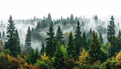 Misty forest with conifers