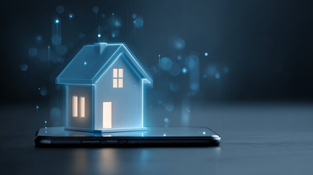 Modern smart home technology on smartphone for real estate mobile app, showing innovative digital house control and automation using seamless connected devices - Powered by Adobe