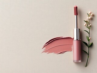 A pink mascara wand, a swatch of pink cream makeup, and a sprig of white berries are arranged on a neutral textured surface.