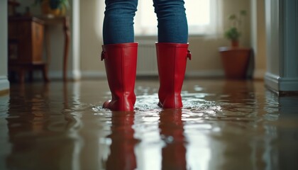 Person wades through flooded home interior wearing bright red rubber boots. Water covers floor inside house, indicating disaster. Cleanup or rescue is needed.