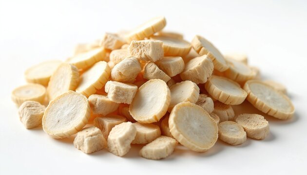 Pile of dried sliced marshmallow root pieces on a clean white background. These natural plant parts are used for herbal medicine remedies and health treatments.