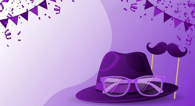 Celebrate Father's Day with stylish purple hat, glasses, and mustache party props, perfect for social media posts, invitations, and fun family gatherings