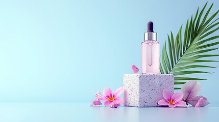 A pink serum bottle with a dropper sits on a textured cube, adorned with tropical leaves and delicate pink flowers against a soft blue backdrop.