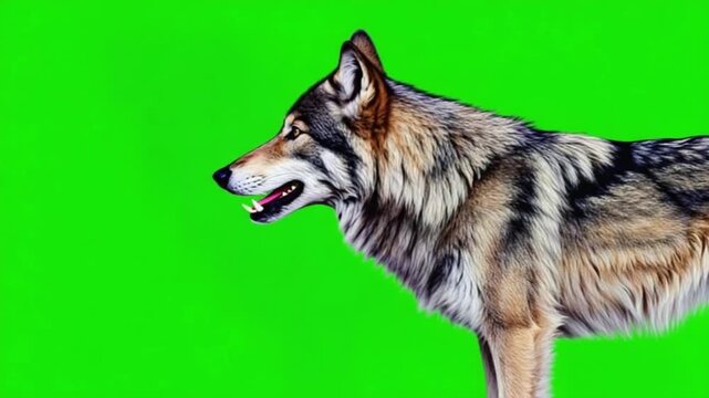 Wolf standing in profile on a green screen background with mouth slightly open showing teeth green screen wolf video